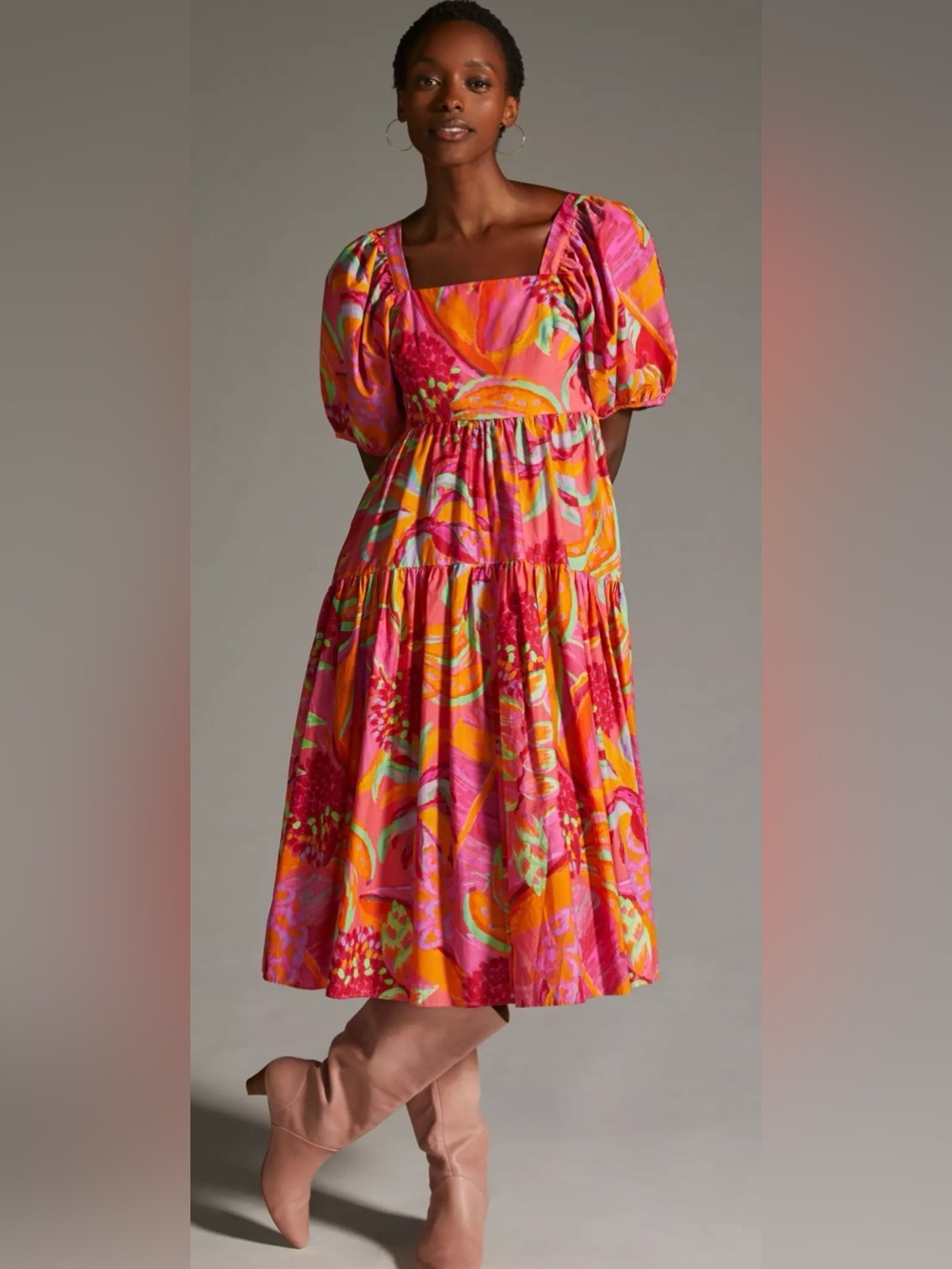FARM Rio Fruit Brush Puff Sleeve Midi Dress Pink Combo NWT XL